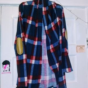 COPY - Suede elbow cardigan, buffalo plaid